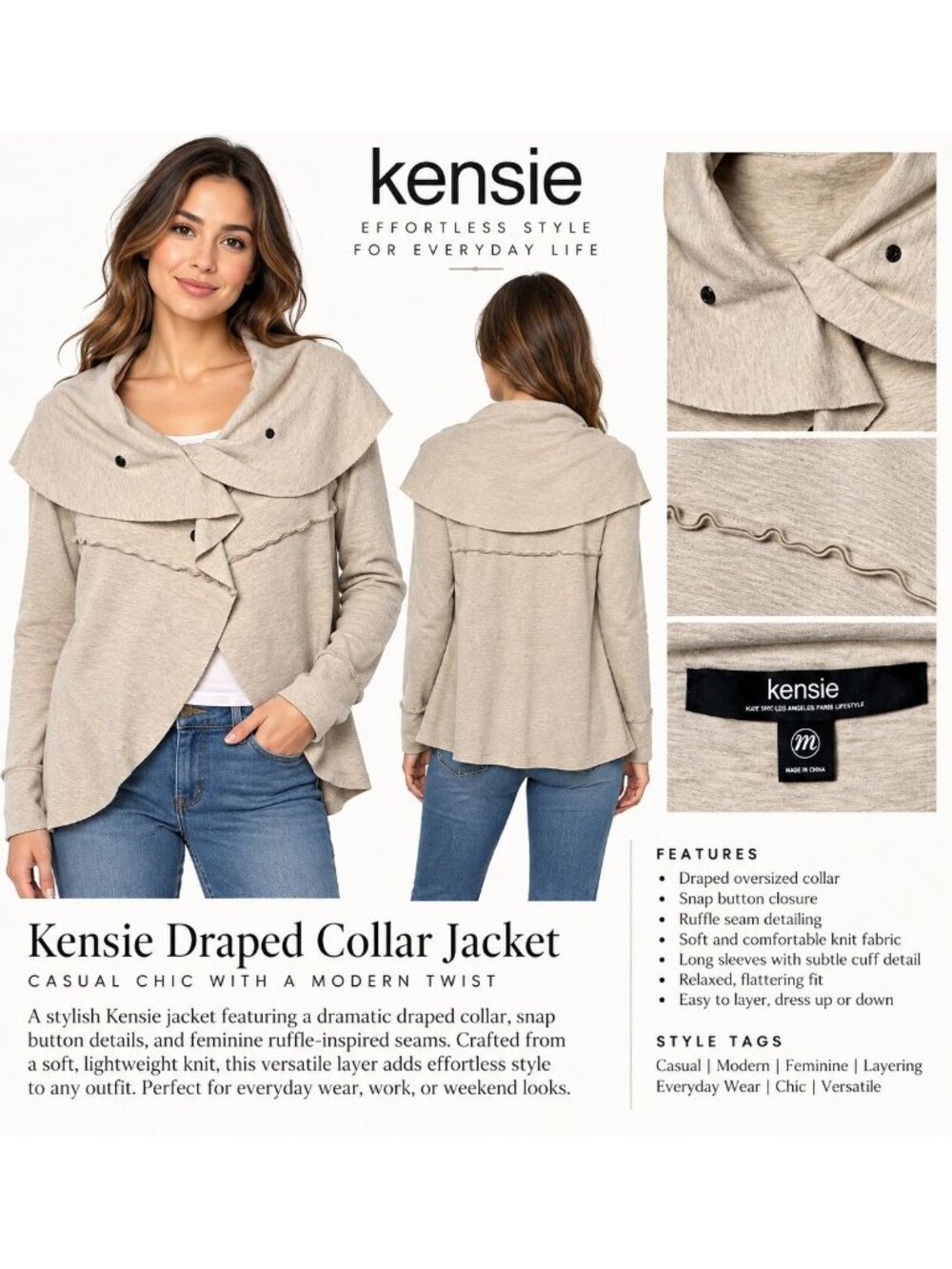 Kensie Women’s Draped Collar Knit Jacket Snap Front Cardigan Oatmeal Medium